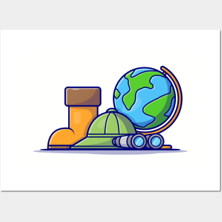 Boot Shoes with Hat, Binoculars and Globe World Cartoon Vector Icon Illustration Posters and Art